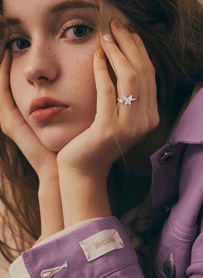 Bestyle CZ Butterfly Rings for Women Sterling Silver June Birthstone Heart Alexandrite Butterflies Ring Silver Band Ring Funny Cute Ring Jewelry Mom Wife Daughter - Image 3